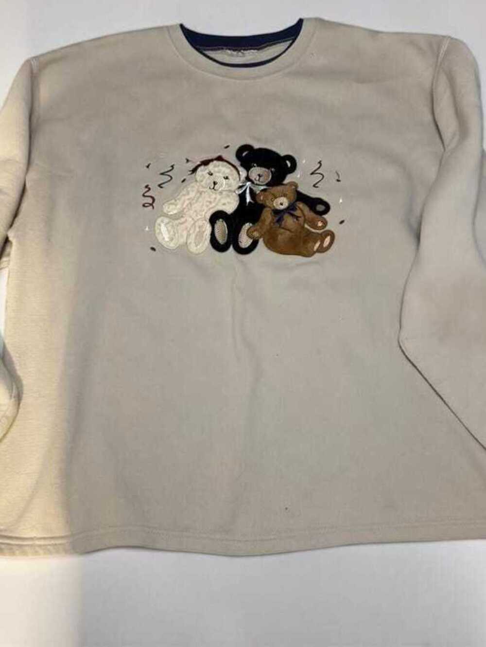 Vintage 90s Teddy Bear Sweatshirt Cream Plush Applique Three Bears Crewneck